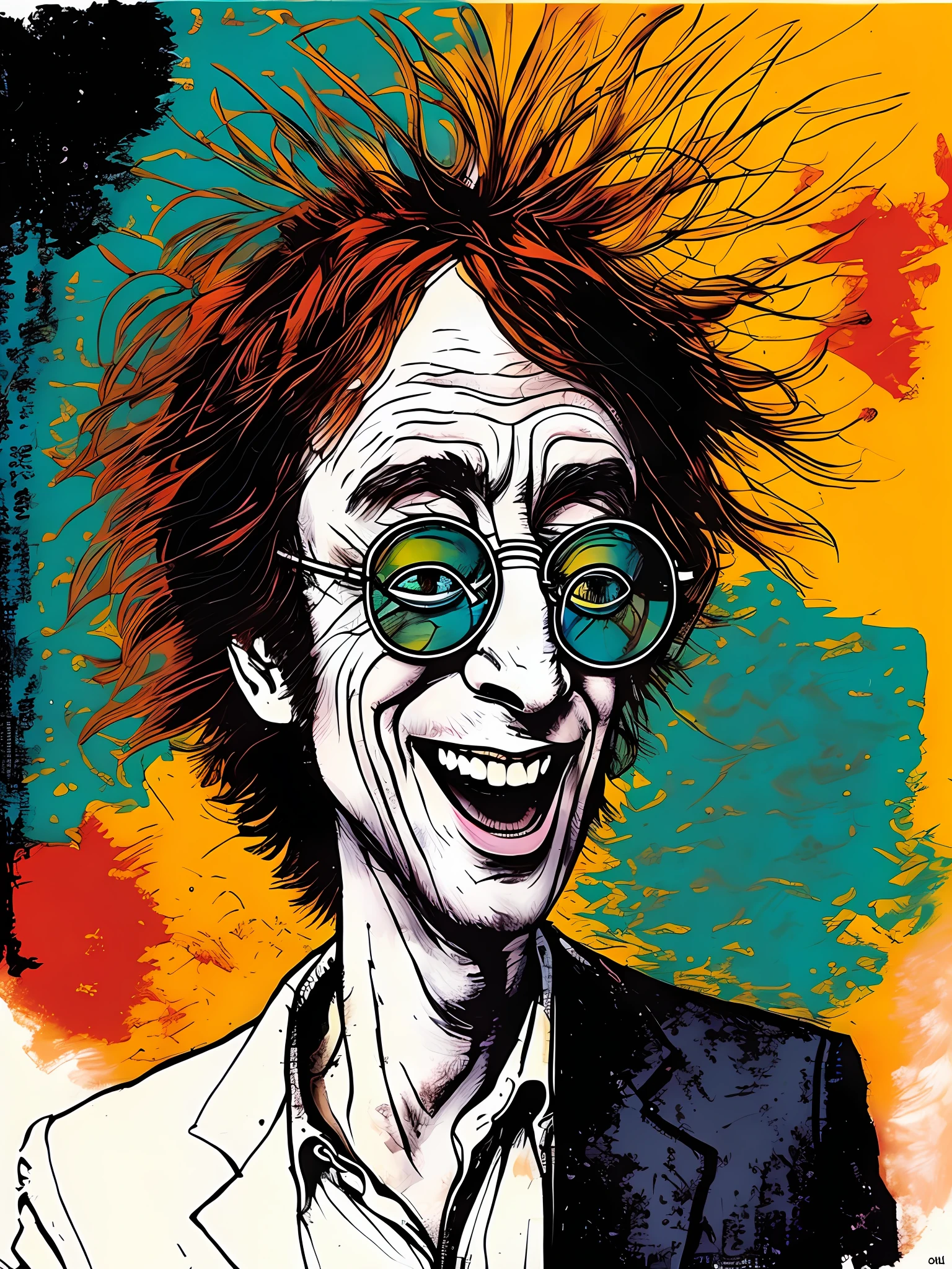 Gemälde eines Mannes mit roten Haaren und Brille, der lächelt, Der alte John Lennon, John Lennon, Elton John Lennon, Karikatur, Stil von Ralph Steadman, ClipArt im Harry-Volk-Stil, inspiriert von Harry Beckhoff, Cartoon-Porträt, caricature Illustration, inspiriert von Tadanori Yokoo, Harry-Potter-Porträt, estilo Karikatur, Illustration!, John Lennon als Hirschkäfer