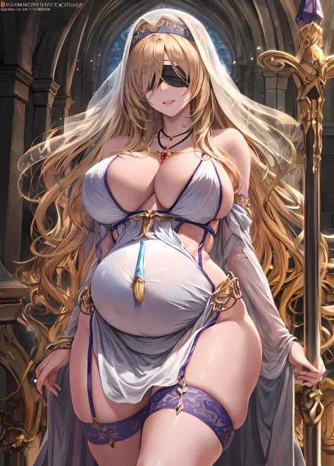 close-up, (Important Notice:1.6), detailed background, (indoors, church, assembly hall), 1girl, (black bandage eye patch:1.2), (covered eyes),  (hidden eyes:1.5),  parted lips, (breast curtains), (covered breasts), big breasts, nice breasts, (breast curtai...