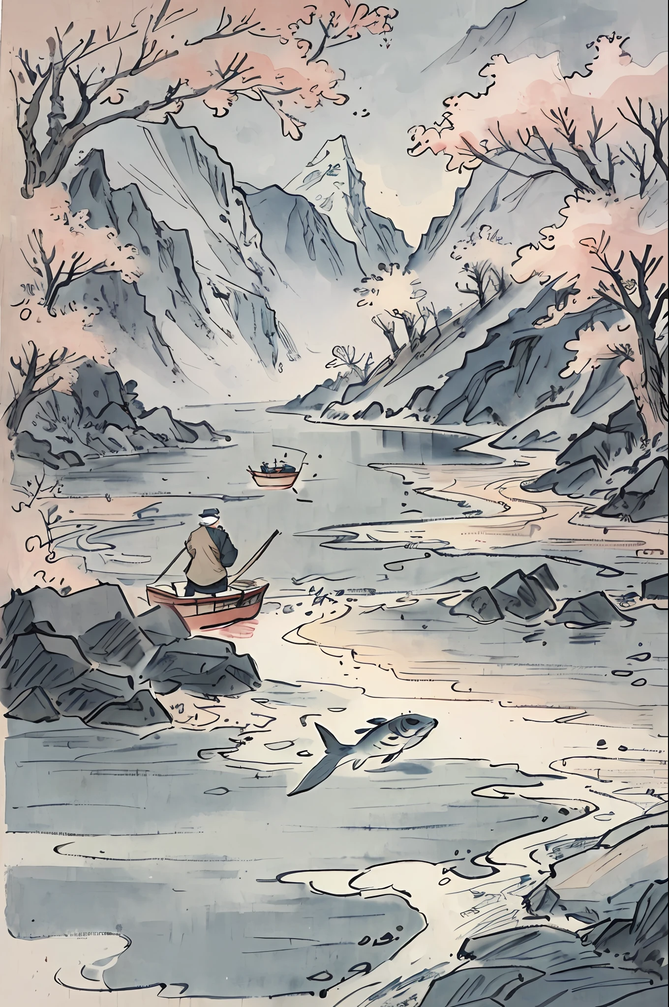 （tmasterpiece，best qualtiy：1.2），Tradition Chinese Ink Painting，near a riveshing，The fish，Frozen，A  boat，a old man，A fisherman，Thrush