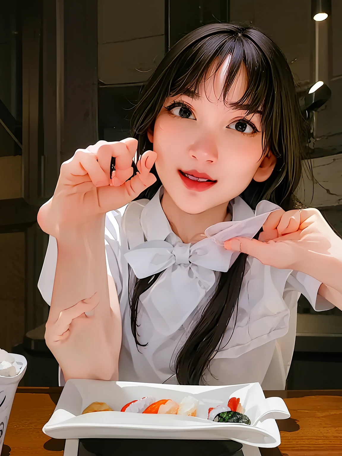 1girl, white chef's clothes, realistic, arm size L, details, lips, long hair, black hair, wet hair, realistic shadows, idol singer, bow ties, tie, left hand holding sushi, right hand is bribing sushi, cute finger,