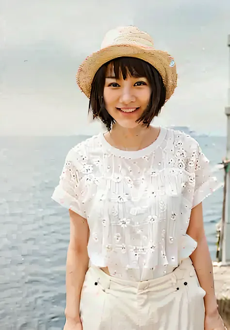 Travel expert visor side braid bangs cute white skirt white accessories smile big eyes natural lake