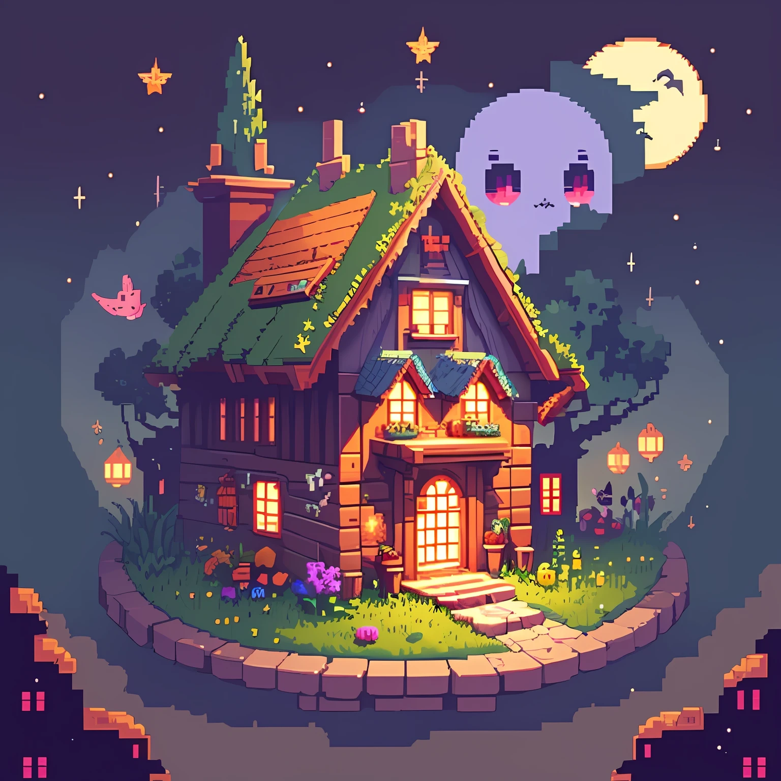 Pixel Kunst, Retro,mystischer Wald, ausführlich, pixel style, Hexenhüttenhaus, Halloween-Thema, Spirituosen, Geister, Tränke, Schön, gute Qualität, Meisterwerk, Fantasie, magisch, Kreaturen, niedliche Monster, pixel art, pixel, voxel, 8 Bit, 16 Bit, isometrisch, Spiel-Asset, Spielcharakter, Stardew Valley - Die unglaubliche Reise der Superhelden, Ahorngeschichte, offizielle Kunst, Nachtzeit, Vollmond, dunkler Himmel mit funkelnden Sternen und Mond