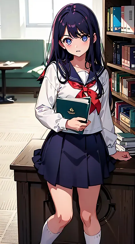 sailor uniform, at library, picking out books