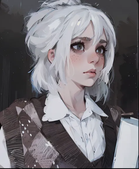 there is a woman with white hair and a brown vest, messy wavy white hair, girl with white hair, realistic cosplay, perfect white...