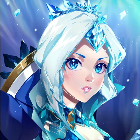 close-up of blue-haired cartoon character, queen of ice and storm, crystal maiden, ice sorceress, ice queen, freezing blue skin,...