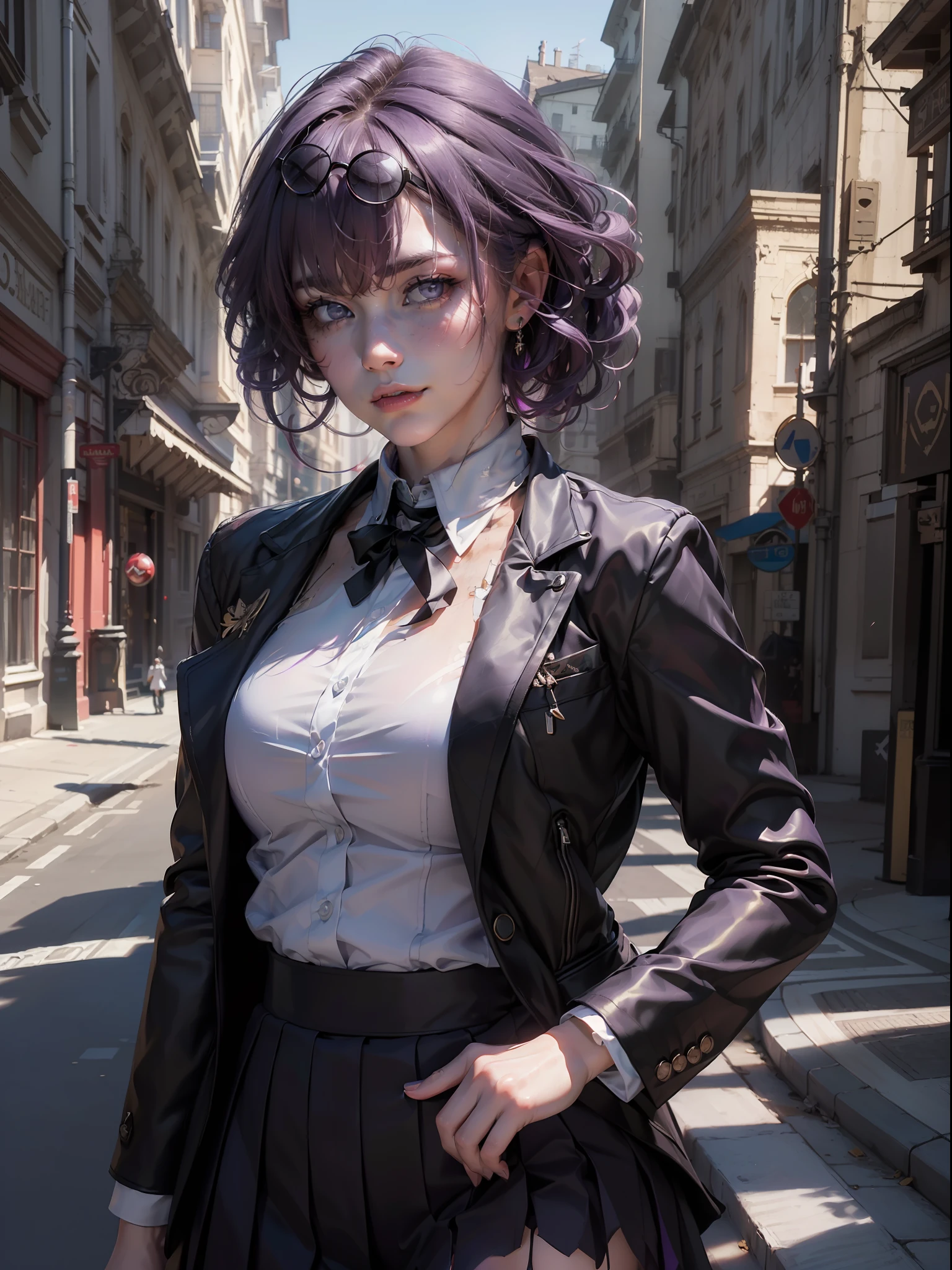 realistic,( photo-realistic), ultra hires, (masterpiece, top quality, best quality, official art, beautiful and aesthetic, raw photo:1.4),(high detailed skin:1.2), ultra realistic, 32k, 1girl, kafka, purple eyes, purple hair, eyewear on head, sunglasses, narrow waist, dynamic pose, dynamic angle, (school uniform:1.2),