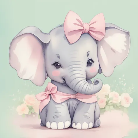 There is a watercolor painting of a baby gray elephant, he's sitting, wearing a pink bow around the neck, orelhas cor-de-rosa, cute illustration, Kawai, vetor, circunstanciado, beautiful illustration