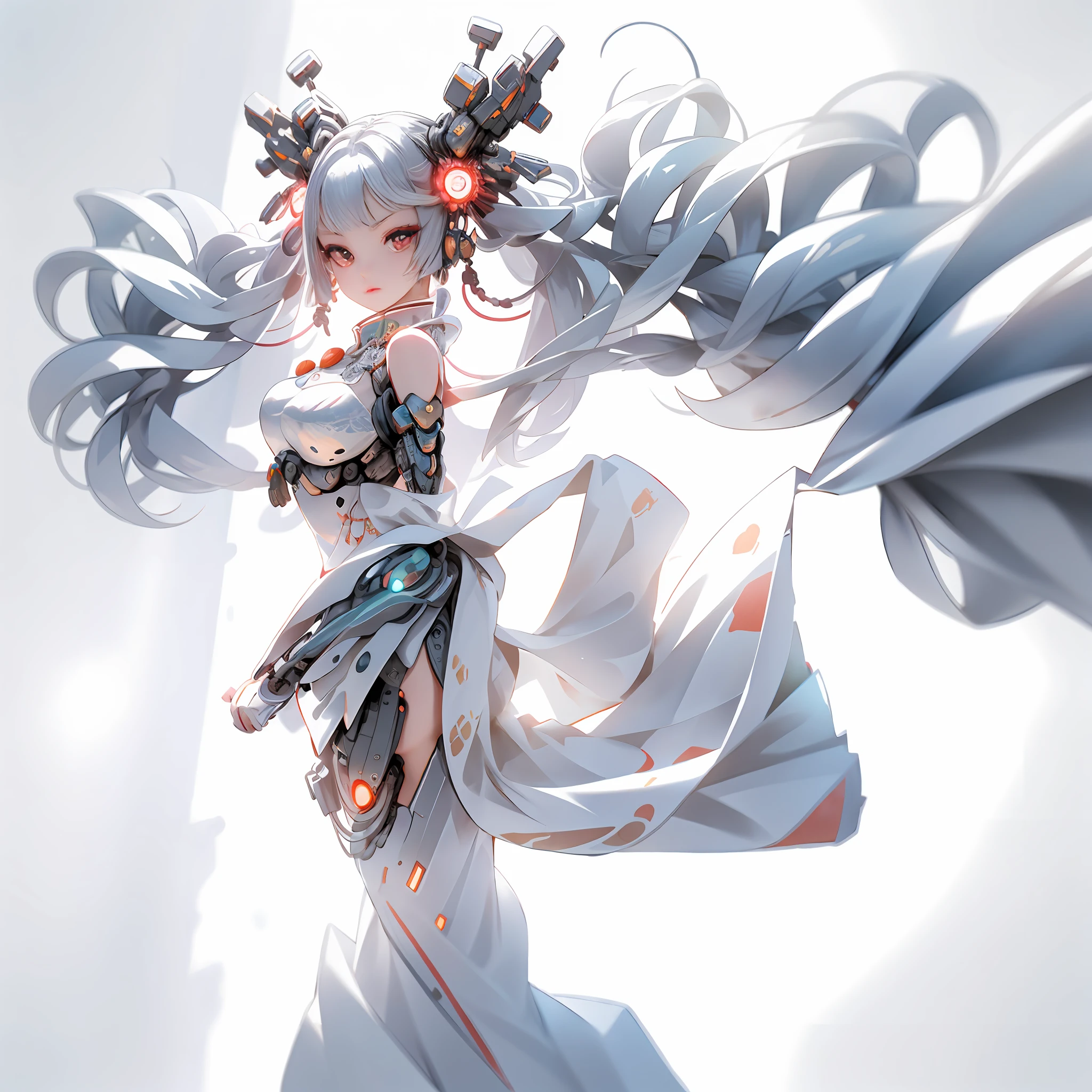 A beautyful girl，long  white hair，full bodyesbian，There is a nine-headed white snake behind him，Clear facial features、Amazing facial features，ancient Chinese costume、Chinese cyberpunk，Cyberpunk city headgear、hair adornments，Super complex design，mechanical mecha，Technologie，Stunning lighting，C4D，oc rendered，cinematic rim light，Fine light，tmasterpiece，super detailing，Epic composition，hyper HD，high qulity，32K