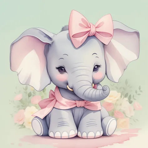 There is a watercolor painting of a baby gray elephant, he's sitting, wearing a pink bow around the neck, orelhas cor-de-rosa, cute illustration, Kawai, vetor, circunstanciado, beautiful illustration