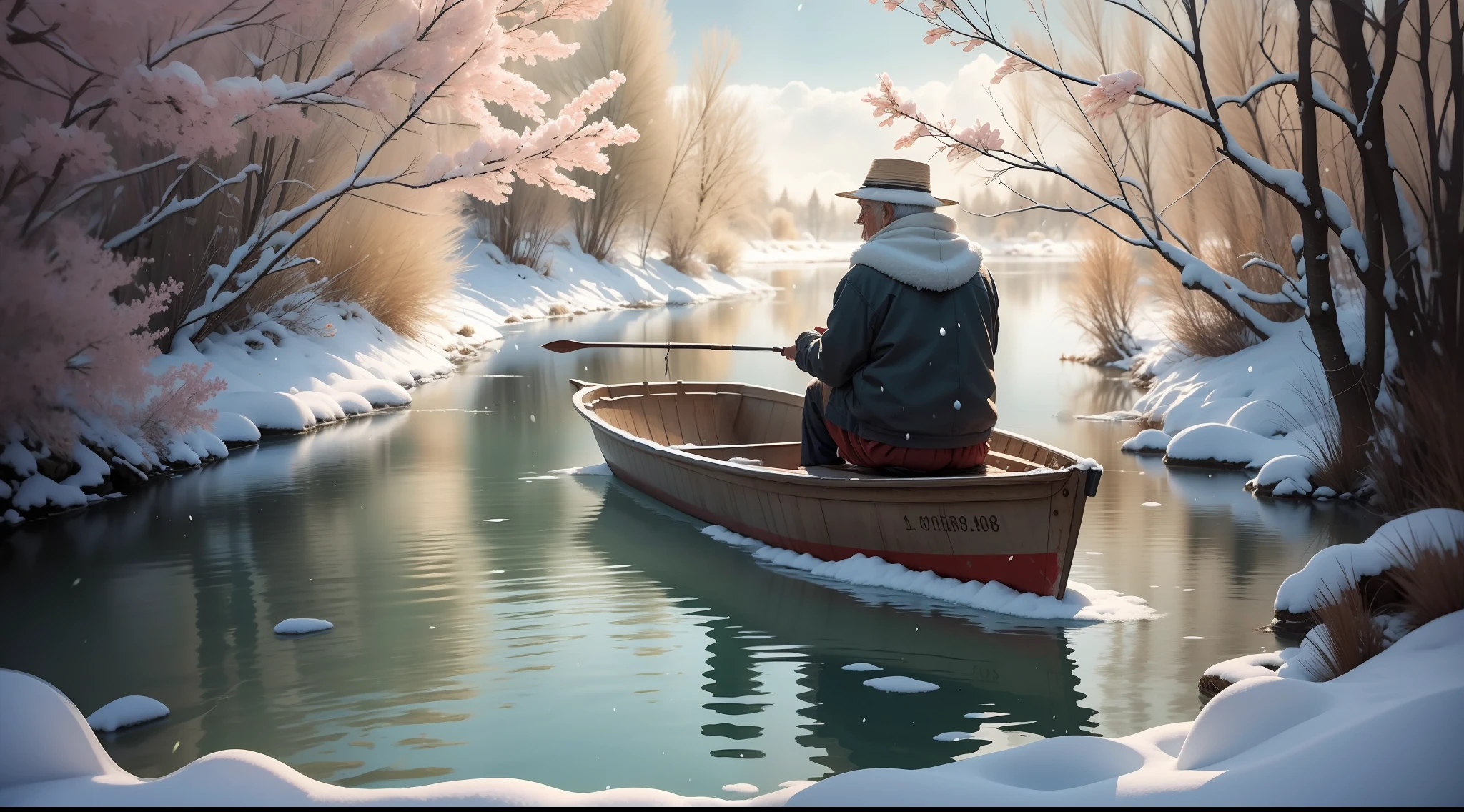 孤独なボートに乗った老人, 冷たい川の雪の中で一人で釣りをする