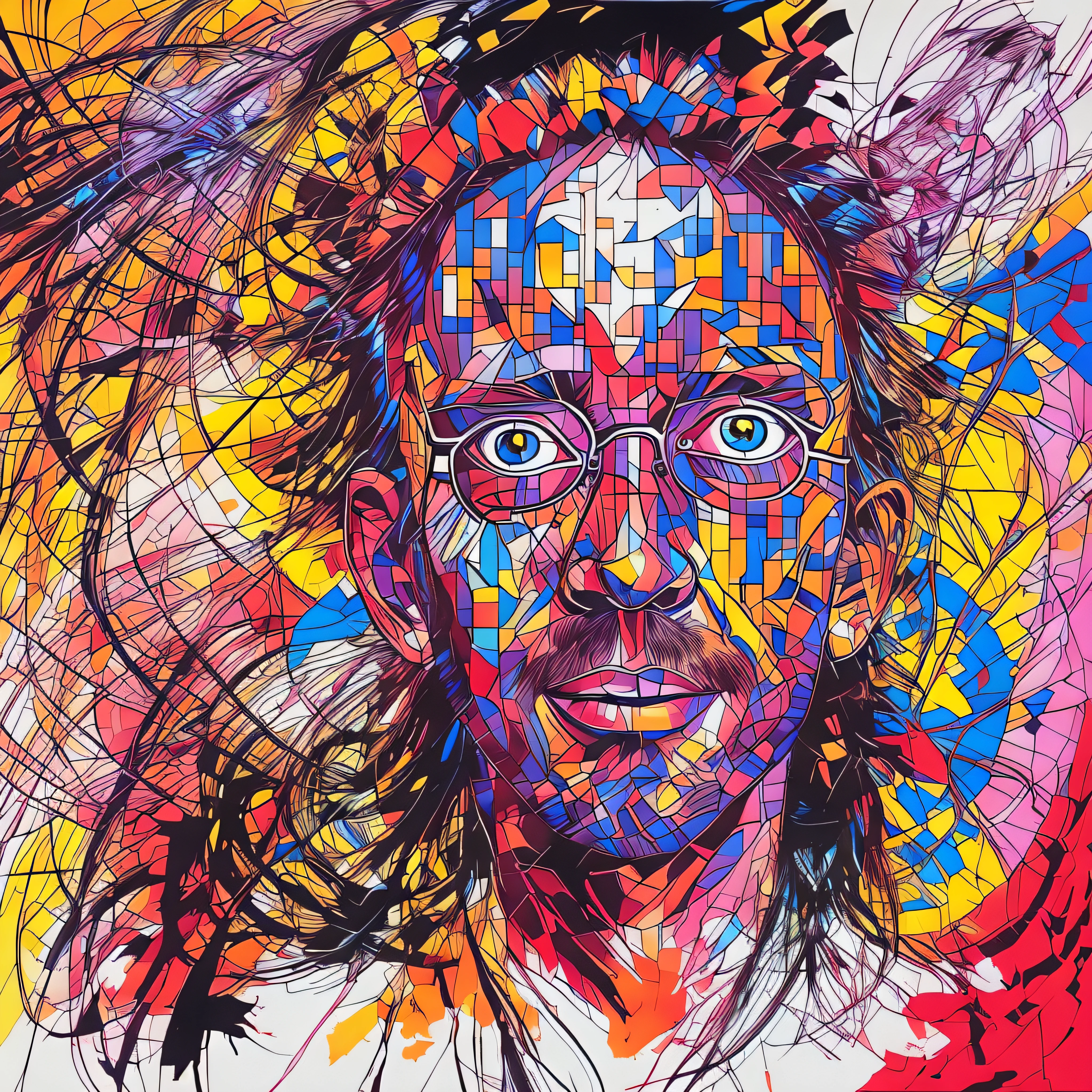 Painting of a man with glasses and a colorful headdress, Anton, Retrato feito de tinta, Retrato punk feito de tinta, inspirado em Sandra Chevrier, Sandra Chevrier : : retrato, retrato africano Jesse Pinkman, neo expressionismo arte, Kenny Scharf, retrato cores felizes, Many variations of Thom Yorke, arte deslumbrante, estilo neoexpressionista