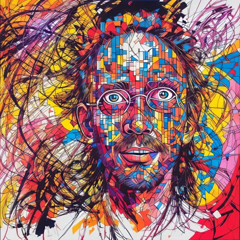 Painting of a man with glasses and a colorful headdress, Anton, Retrato feito de tinta, Retrato punk feito de tinta, inspirado e...