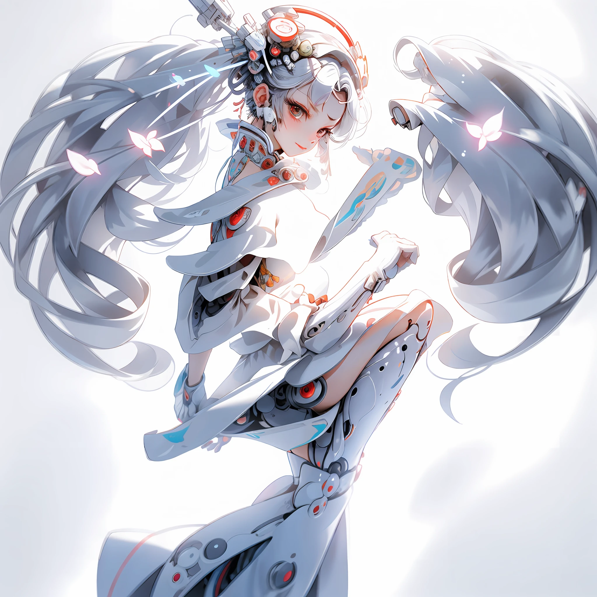 A beautyful girl，long  white hair，full bodyesbian，There is a nine-headed white snake behind him，Clear facial features、Amazing facial features，ancient Chinese costume、Chinese cyberpunk，Cyberpunk city headgear、hair adornments，Super complex design，mechanical mecha，Technologie，Stunning lighting，C4D，oc rendered，cinematic rim light，Fine light，tmasterpiece，super detailing，Epic composition，hyper HD，high qulity，32K