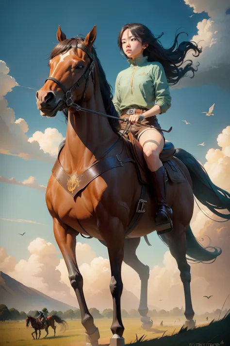 There was a teenager riding a horse in the field，Birds fly around, Hayao Miyazaki style artwork, ride horse, ride horse, ross tran and michael whelan, wlop and ross thran, rob rey and kentaro miura style, guweiz masterpiece, Riding a horse, cyril rolando a...