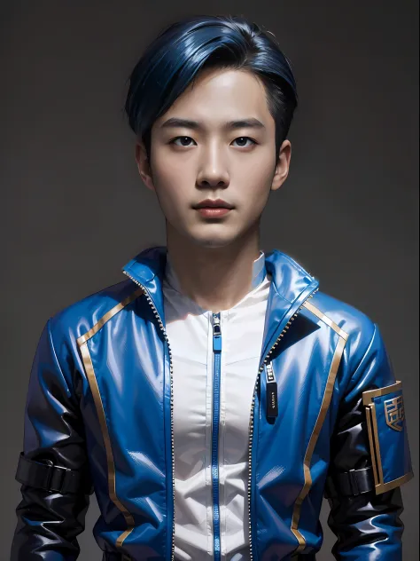 A handsome Chinese male high school student，Wearing a PVC blue motorcycle suit，There are zippers，Neat cyan hair，greybackground