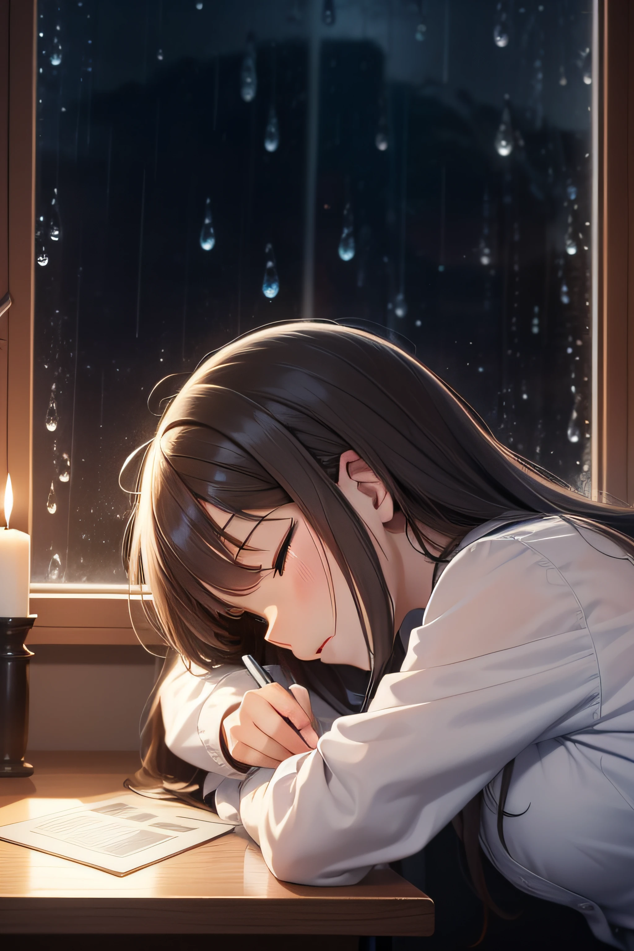 manga cartoon image of a girl at her desk resting her head on the table sleeping in the background a window where you can see the rain falling next to her window a candle , in the rainy night