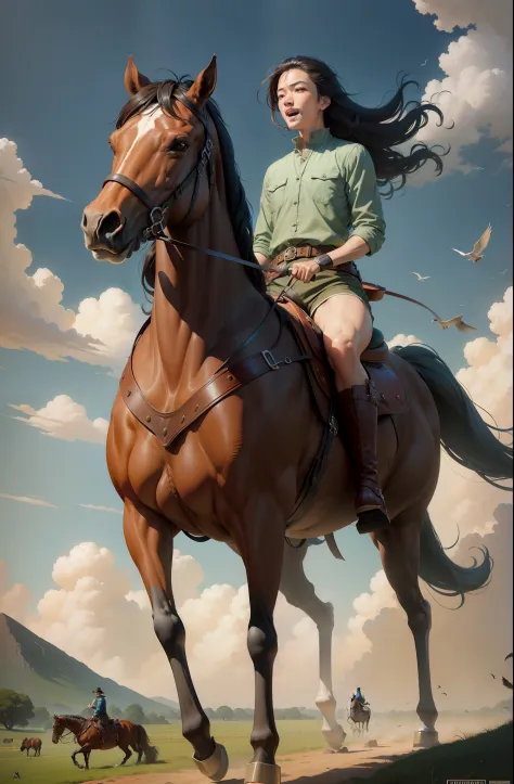 There was a man on horseback in the field，big laughter，Wild release，Birds fly around, Miyazaki style artwork, ride horse, ride horse, Horses gallop，ross tran and michael whelan, wlop and ross thran, rob rey and kentaro miura style, guweiz masterpiece, Ridi...