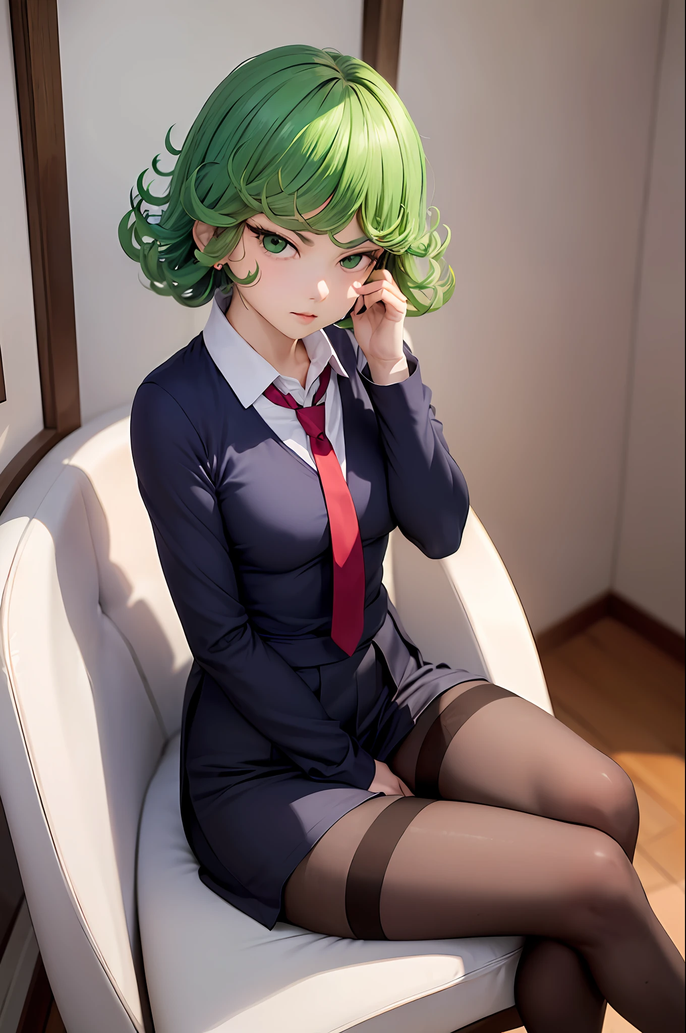 (masterpiece, best quality:1.2), solo, 1girl, tatsumaki, unamused, closed mouth, looking at viewer, hand on own face, sitting, crossed legs, collared shirt, necktie, skirt, pantyhose