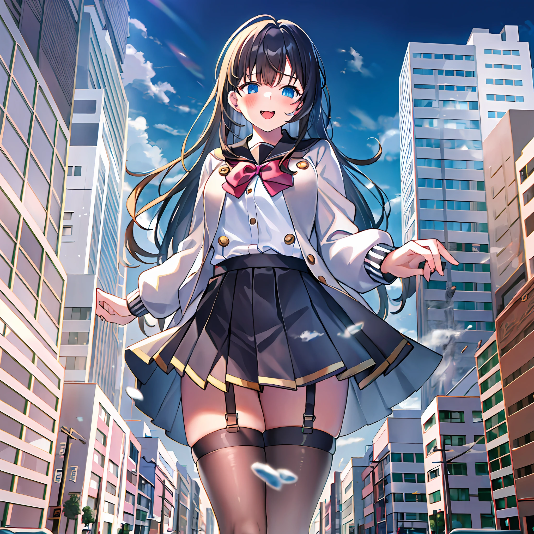 1girl, 16 years old, Two legs, Two hands, Bigger than the building!!!, White jacket, Animal hood, White socks, Open jacket, Pleated skirt, Black skirt, Black sailor collar, school uniform, Black shirt, puffy long sleeves, standing, excited, destroyed buildings, giantess art, giantess, GTSCity, naughty, happy, Anatomically correct, Textured skin