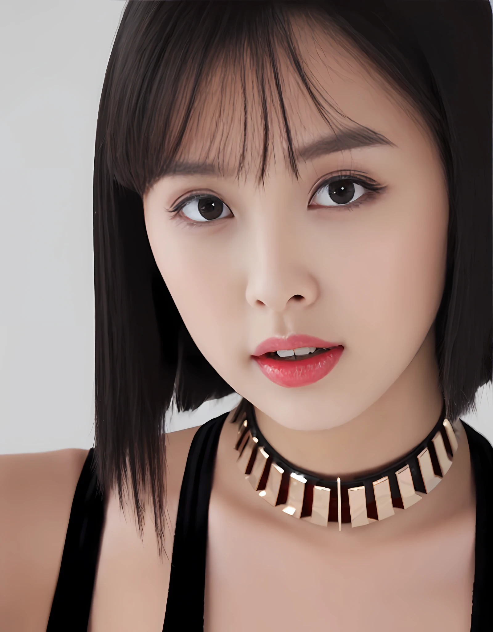 Young Japan woman with straight black hair, Bright eyes, Red Choker Necklace, Low Cut Sequin Dress. (8K, Best Quality : 1.2), (masutepiece, Photorealistic : 1.3), Super Detail, Anatomically correct