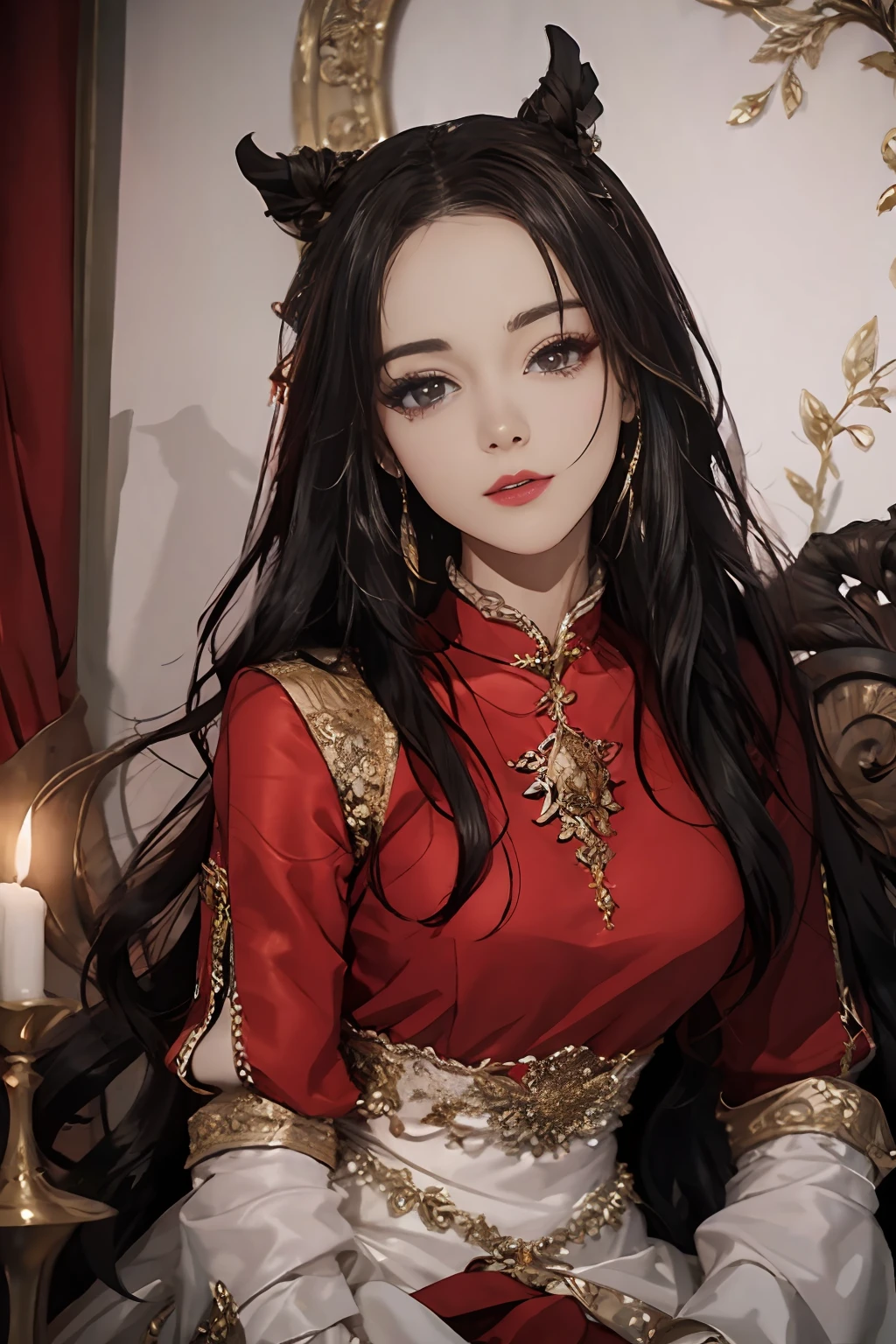 ((Best Quality)), ((Ultra High Resolution)), ((Realistic)), Fine details, Age 19 on Appearance, Black hair, Perfect face shape, Moderate Makeup:1.5, Face lighting, Accentuating Details, Long hair, Wearing Chinese Wedding Dress, Gold Headgear Decoration, Holding a fan, Red Wedding Dress Extra Points: 1.3, Gold Dress Details. portrait of a full body, windows, a bed, drapes, Candlelight, present a picture of a long-range pose.