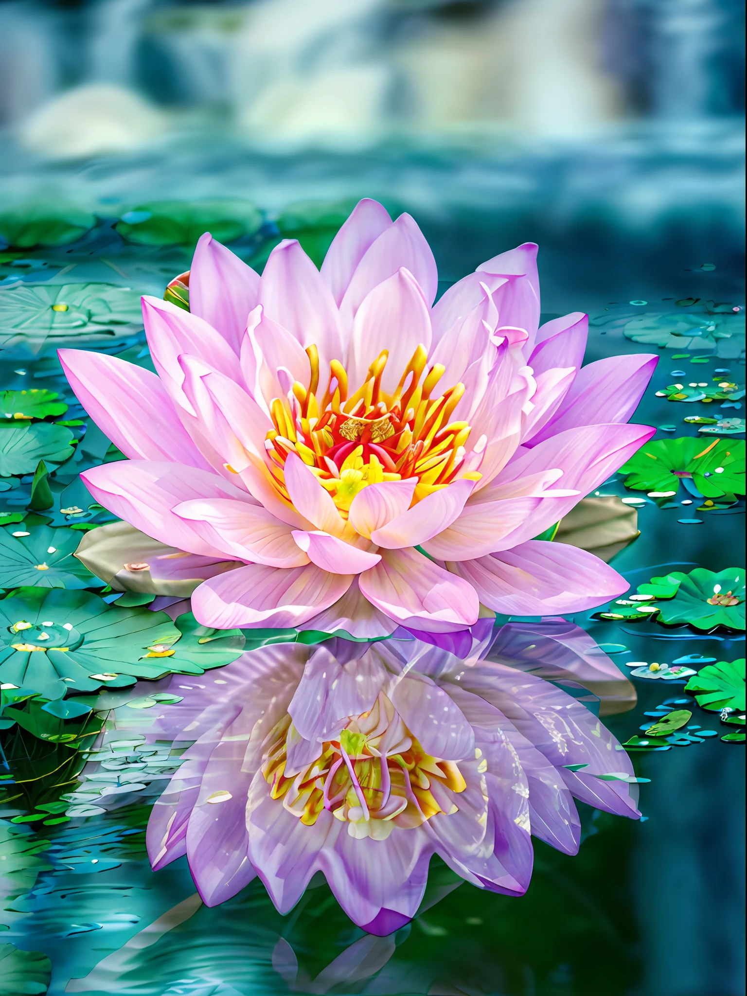 Un primer plano de una flor rosa flotando en la parte superior de un estanque, Flor de loto, sentado en una flor de loto, Flor reflectante, Flores de loto en el agua, de pie con gracia sobre un loto, con flores de loto, Nymphaea, Flores de loto, Lotus petals, loto, Lotos, lily pad, Estanque de lotos, flotando en un poderoso estado zen