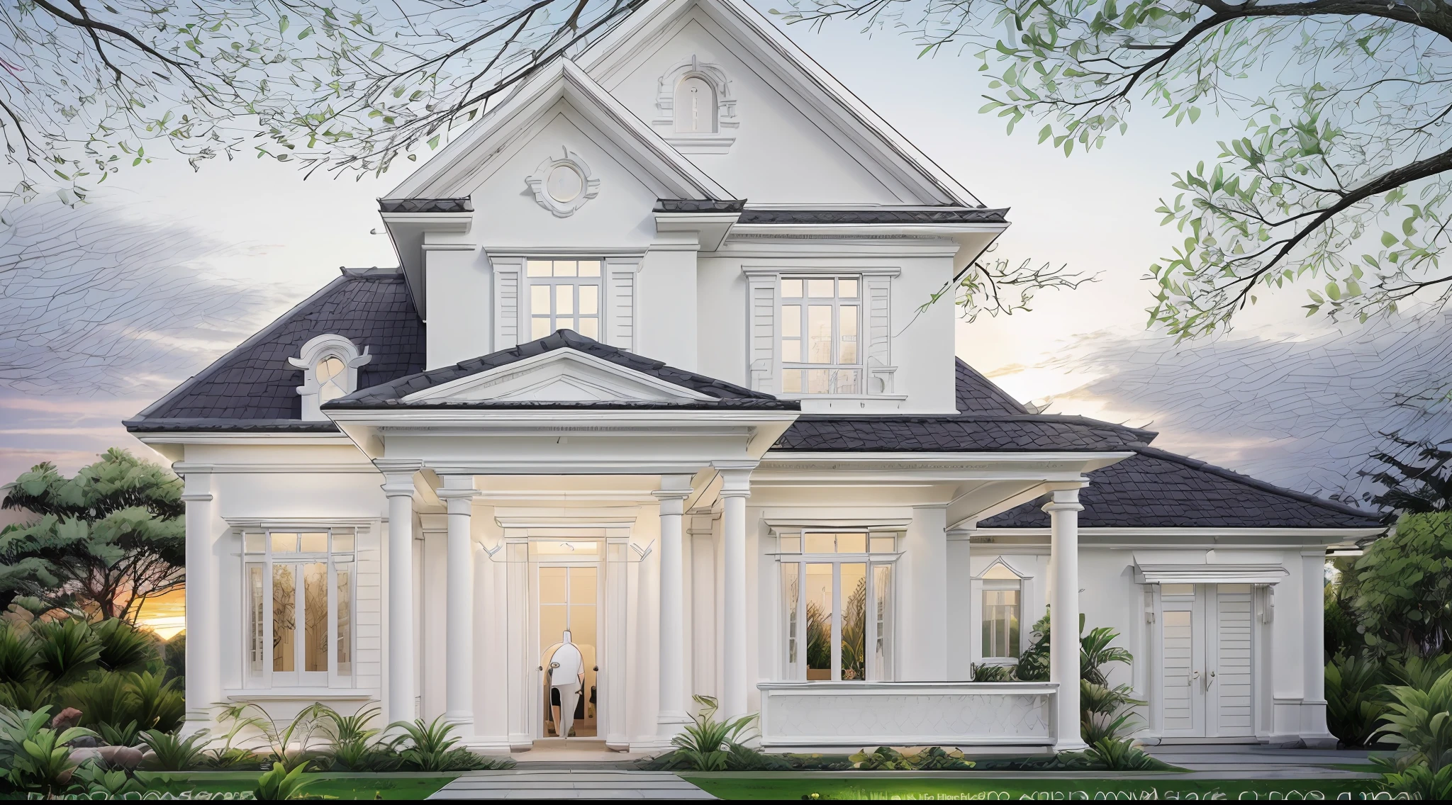 RAW photo,Masterpiece, high quality, best quality, authentic, super detail, exterior,  one villa style Neoclassic, (Modern minimalist lines:1.2),(white wall:1.1), railing glass, glass windows,trees, grass, ((sunset)), sky, vivid colour, (high detailed :1.2), 8k uhd, dslr, soft lighting, high quality, film grain, Fujifilm XT3