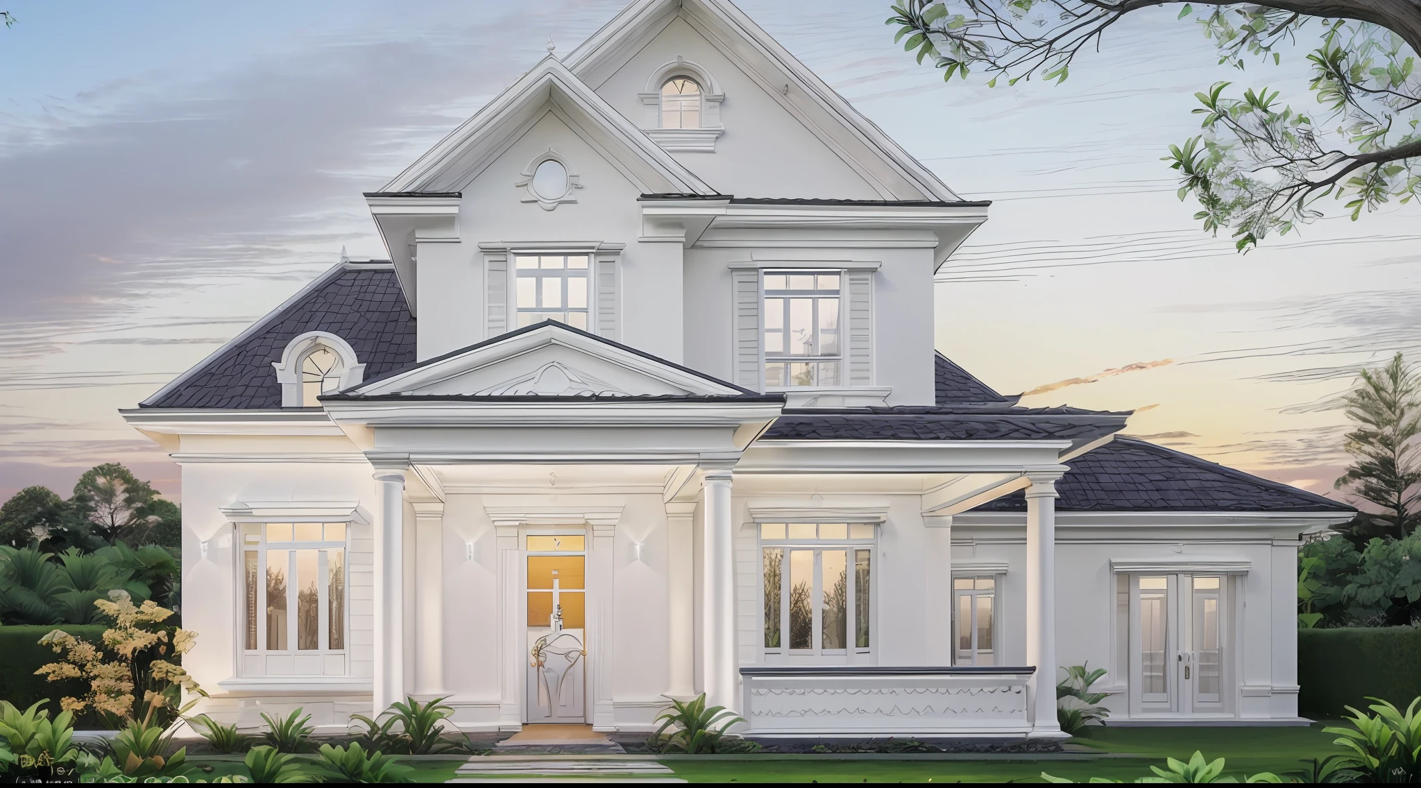 RAW photo,Masterpiece, high quality, best quality, authentic, super detail, exterior,  one villa style Neoclassic, (Modern minimalist lines:1.2),(white wall:1.1), railing glass, glass windows,trees, grass, ((sunset)), sky, vivid colour, (high detailed :1.2), 8k uhd, dslr, soft lighting, high quality, film grain, Fujifilm XT3