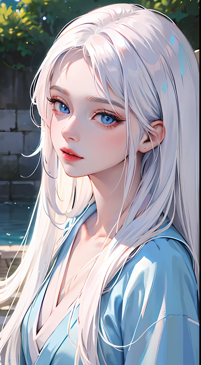 masterpiece
1 girl with silky white hair, blue eyes, realistic and detailed eyes, fair skin, light pink lips, slit shirt, kimono
outdoor landscape
character portrait close-up