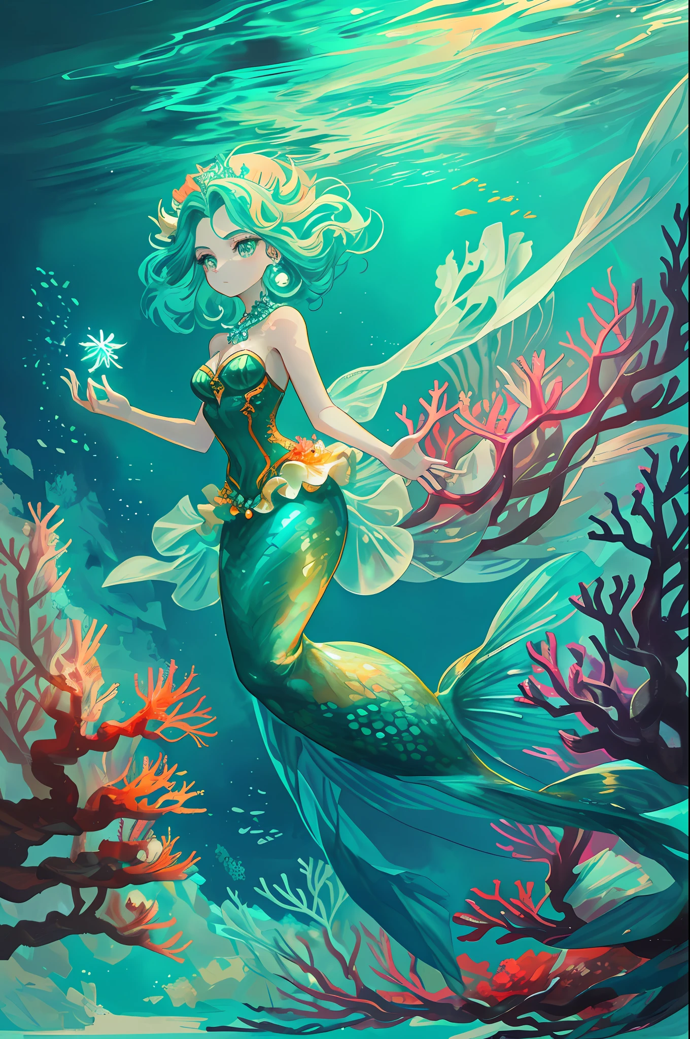 In the deep water of a coral reef, there is a mermaid that looks like a beautiful woman, the body color is more like emerald, the structure is a half mermaid, she looks at me from above, and I look at her from below, I hold a pearl in my hand --v 6