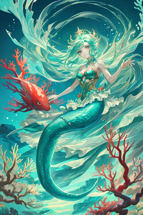 In the deep water of a coral reef, there is a mermaid that looks like a beautiful woman, the body color is more like emerald, th...