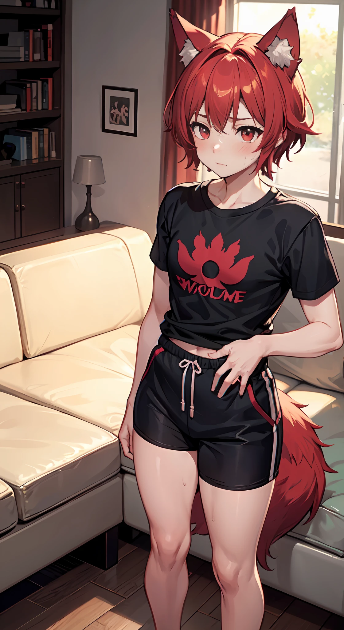 1boy, wolf ears, wolf tail, short red hair, red eyes, slim waist, ultra masterpiece, shirtless, livingroom setting, big thighs, wide hips, sweatpants, young, full body view, blush, up close