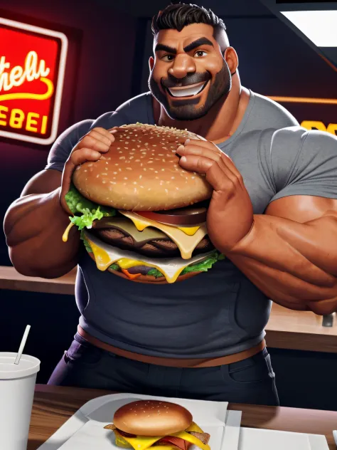 .cgi,realismo, large muscles,Cerveja, Comer, two-handed burger, holding a huge burger with both hands, fechar para cima, fundo do restaurante, morder, fast food, detalhe do rosto, Feliz, hand, 5 dedos