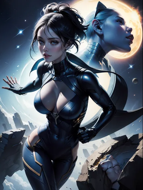 Nebula(Marvel Comics), 1girls, alien, alien girl, athletic female, big breasts, Big ass, blue-skinned female, blue-skinned face, blue body, breasts, busty female, female only, large breasts, long Dark-blue hair, solo, solo female, space, looking at the vie...