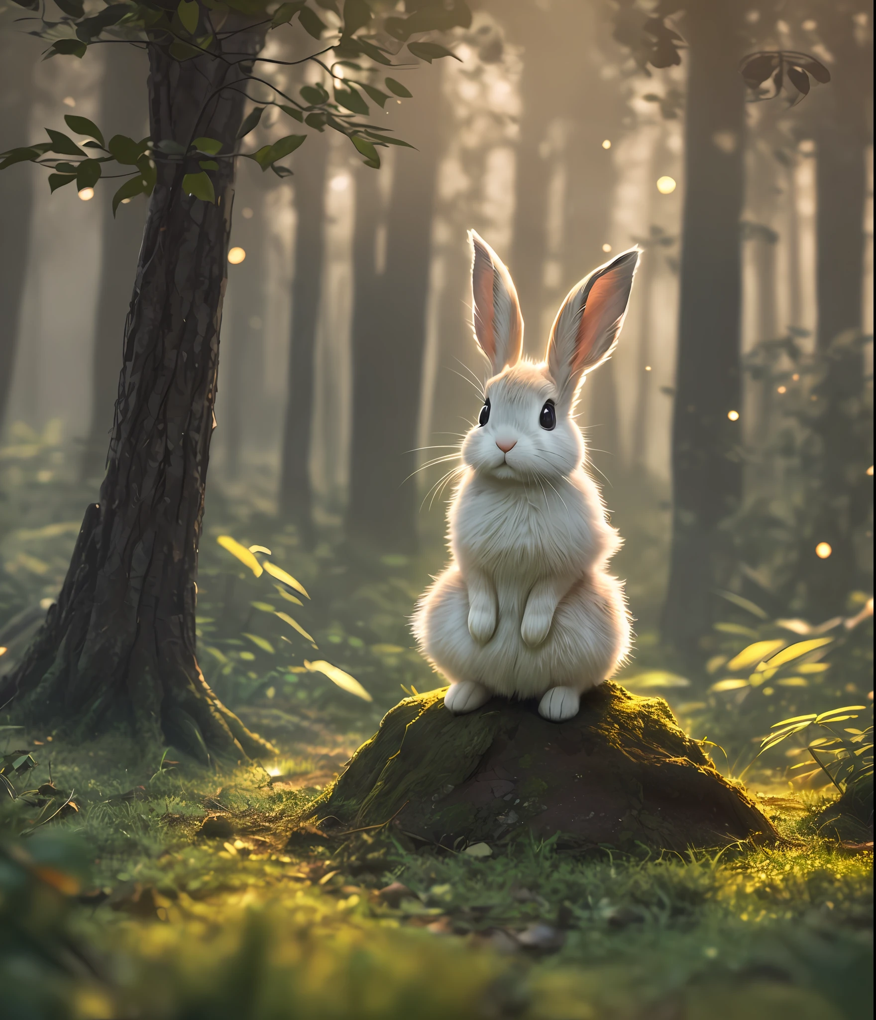 숲 속에서 아주 귀여운 점프하는 토끼의 사진을 클로즈업하세요, 부드러운 체적 조명, (백라이트:1.3), (영화 같은:1.2), 복잡한 세부 사항, (아트스테이션:1.3), Rutkowski - --auto --s2