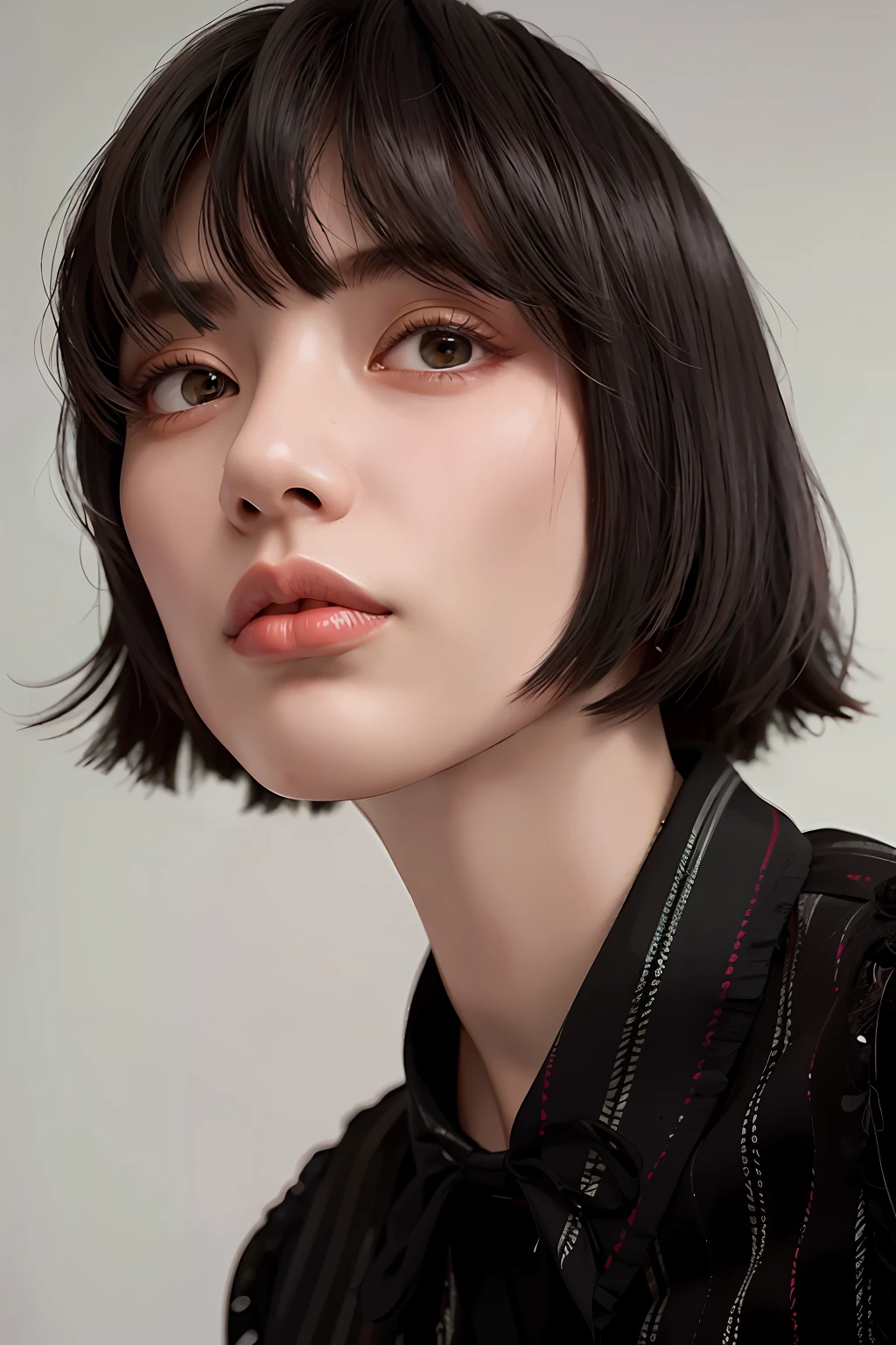 Close-up of a woman with short black hair, French bob, french bob hair, short detailed hair，By bangs, Central split tassel, with short black hair，By bangs, chin-length hair, tidy hair，By bangs, with short brown hair，By bangs, kurzes dunkles Haar, black shiny bob haircut, She has black hair，By bangs, black bob hair