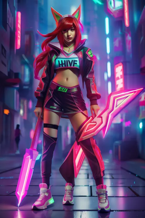 ahri, red hair, full body shot, character sheet, lightningwave, 3d, cgi, glowing neon, cyberpunk, streetwear outfit, ☂️, neon ci...