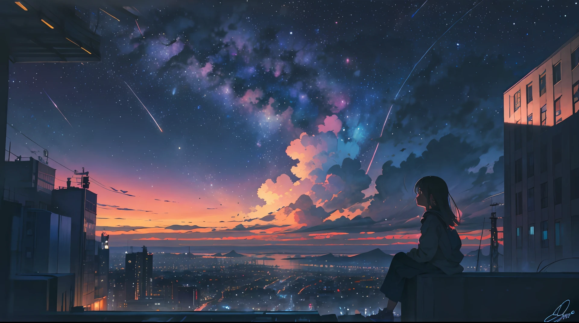 octane, sky, Star (sky), scenery, Starry sky, Night, 1girll, Night sky, Solo, Outdoors, signatures, Building, Cloud, Milky Way, Sitting, Size tree, a bird，Long hair, City, Silhouette, Cityscape