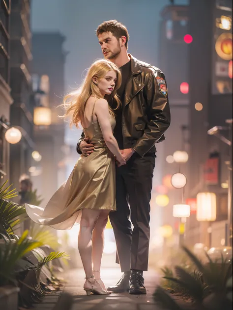 (( 30 years, big man short brown hair, tall ))with ((1woman blonde long hair)) art style guweiz , simple background , couple ,bokeh ,day