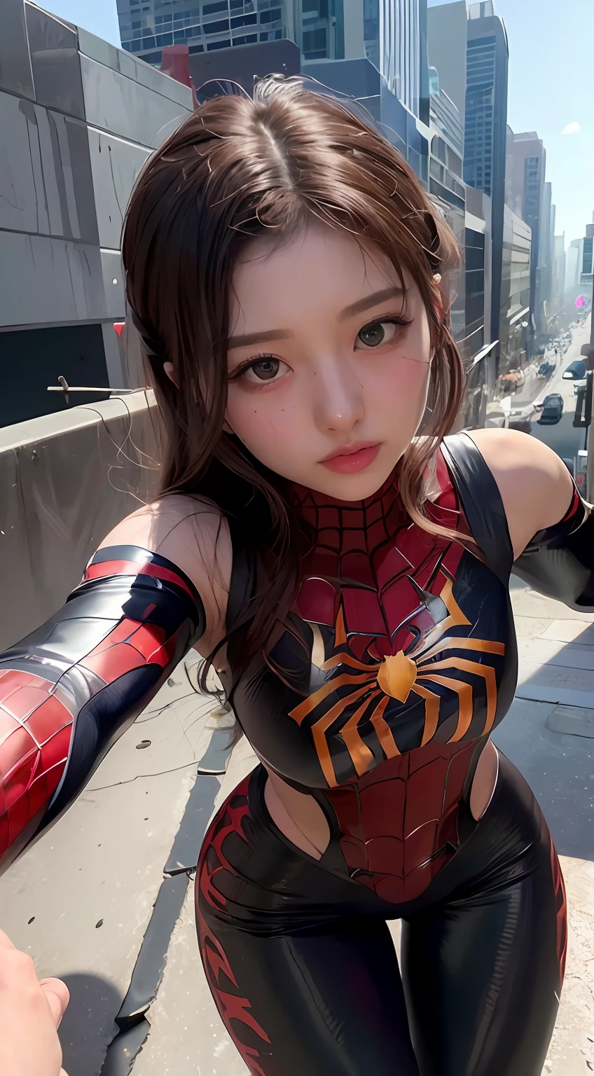 (1 girl:1.3), Solo, (((Highly detailed face)))), ((Highly detailed eyes and face)))), Beautiful detailed eyes, Body parts__, official art, unified 8k wallpaper, ultra detailed, beautiful and beautiful, beautiful, masterpiece, best quality, original, masterpiece, ultra fine photography, best quality, ultra high definition, realistic realism, sunlight, full body portrait, amazing beauty, Dynamic pose, delicate face, vivid eyes, (from the front), she is in a spider-man suit, red and black color scheme, spider, highly detailed city roof background, rooftop, overlooking the city, detailed face, detailed complex busy background, messy and gorgeous milky white, highly detailed skin, realistic skin details, visible pores, clear focus, volumetric fog, 8k UHD, DSLR, high quality, Film grain, fair skin, photorealism, lomography, futuristic dystopian megalopolis, translucent, eros, clothes with chest visible, crotch area full visible design