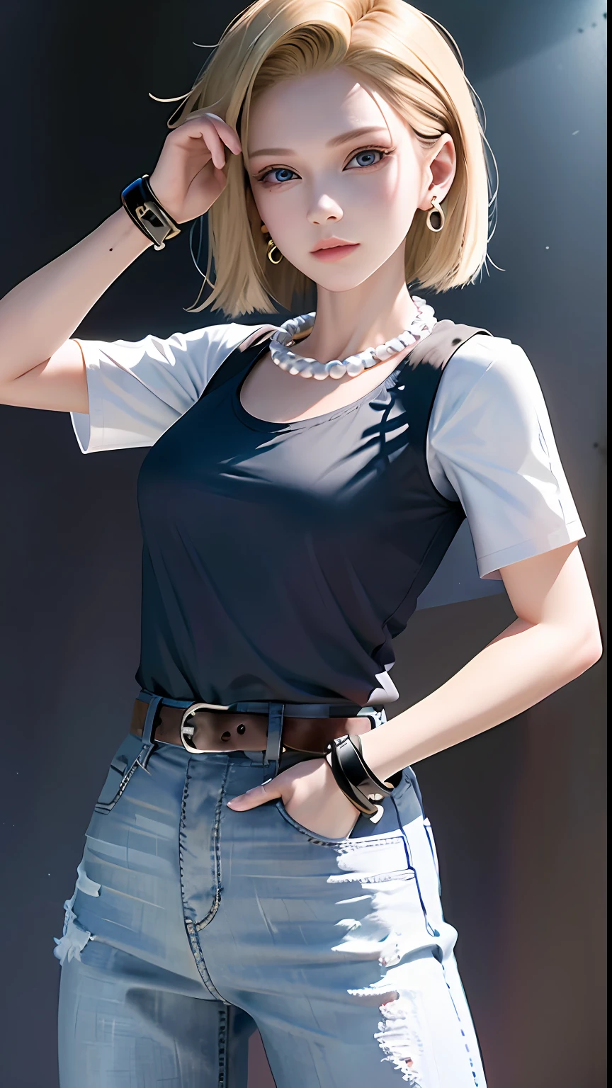 8k, real picture, intricate details, ultra-detailed,(photorealistic),
and18, 1girl, android 18, blonde hair, blue eyes, belt, jeans, pearl_necklace, bracelet, black gloves, white shirt, short hair, short sleeves, earrings, blue pants, open vest, black vest,
peace, sign