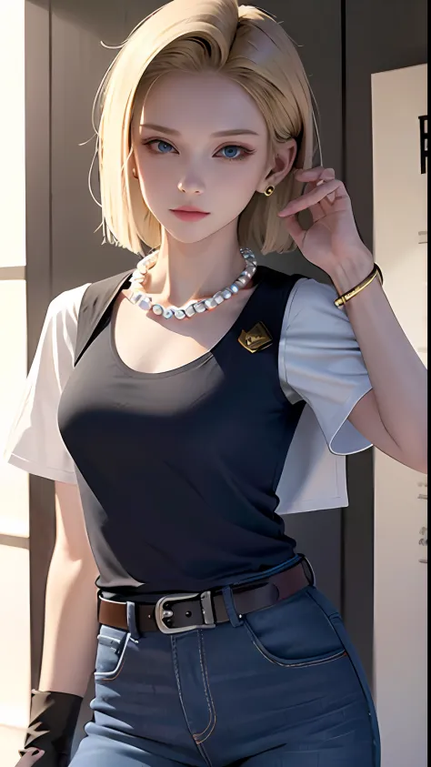 8k, real picture, intricate details, ultra-detailed,(photorealistic),
and18, 1girl, android 18, blonde hair, blue eyes, belt, je...