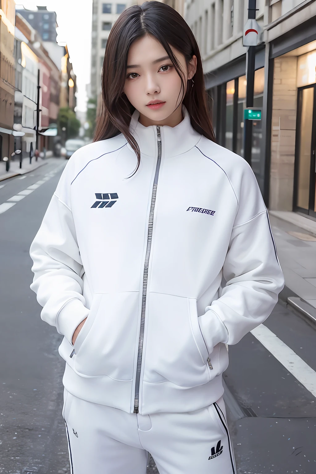 （photograph of-realistic：1.55），tmasterpiece，top-quality，the detail，femele，the city street，femele，TFG1，White transparent tracksuit