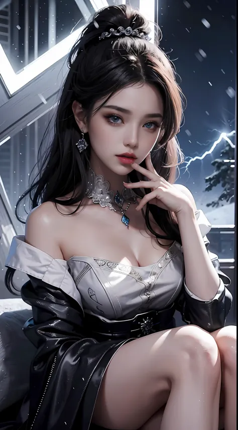 official art, Unity 8k wallpaper, a girl, most beautiful, medium breath, detailed fingers, crystallized clothes, color, black color, royal design, realistic detailed eye, dim lightning, snow falling, feeling romancing, sitting, whole body capture,