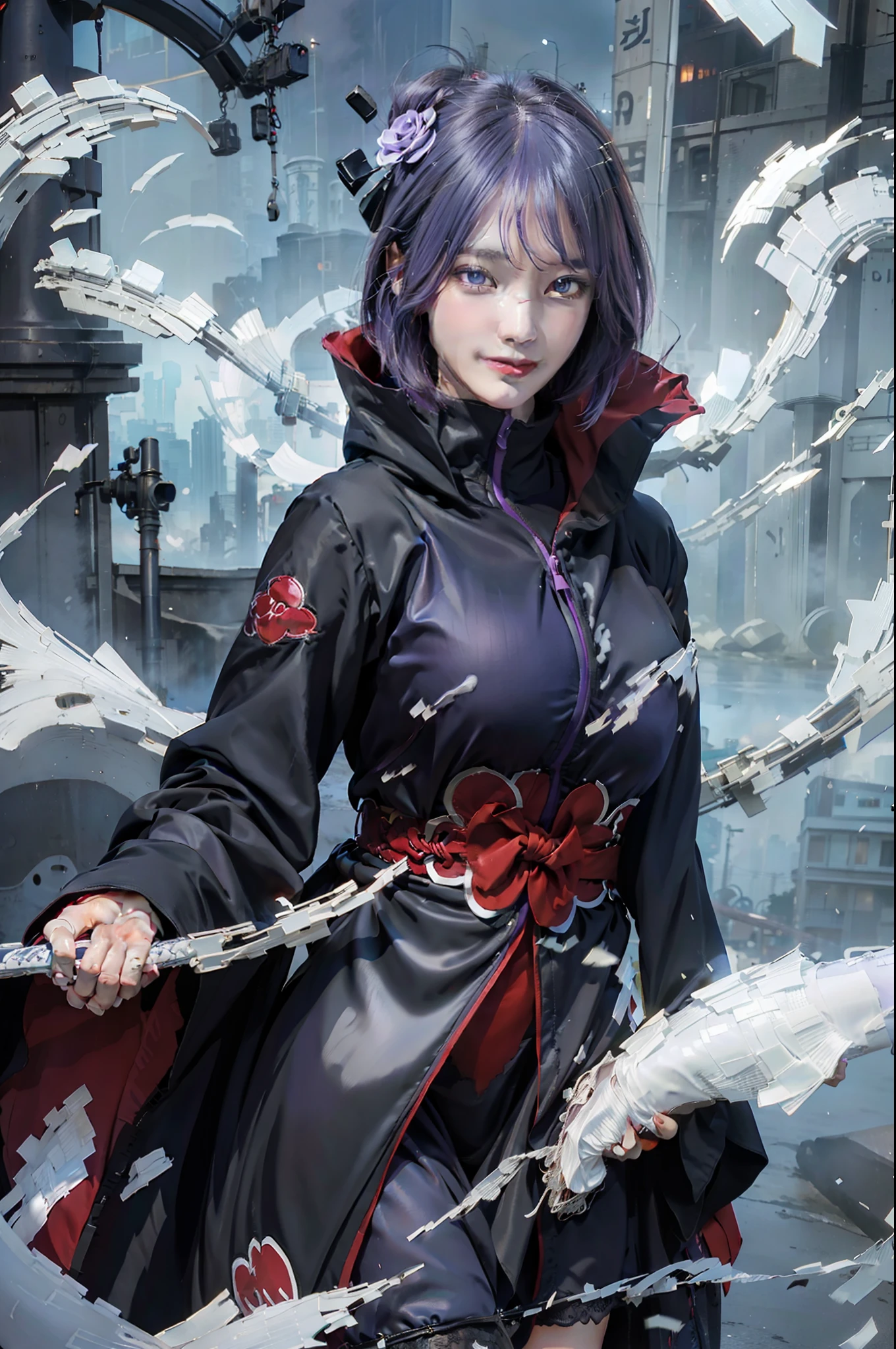 1fille, Konan Akatsuki, cheveux violets, Cheveux courts, yeux bleus, sourire, très gros seins, vêtements noirs et rouges, Réaliste, Ultra détaillé, fond extérieur