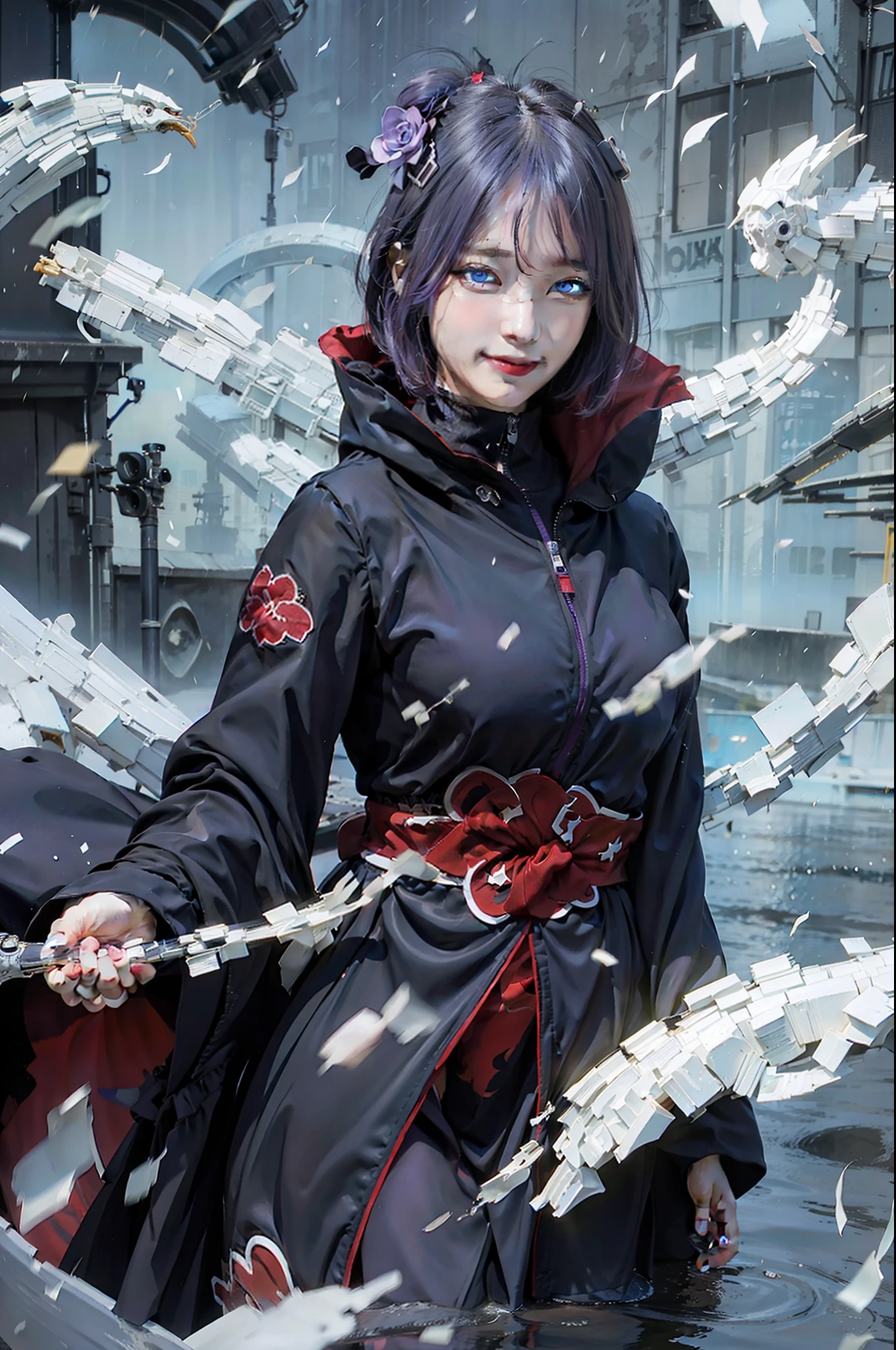 1 Mädchen, Konan Akatsuki, lila Haare, Kurzes Haar, blaue Augen, lächeln, sehr große Brüste, Schwarze und rote Kleidung, realistisch, Ultra-Detail, Outdoor-Hintergrund