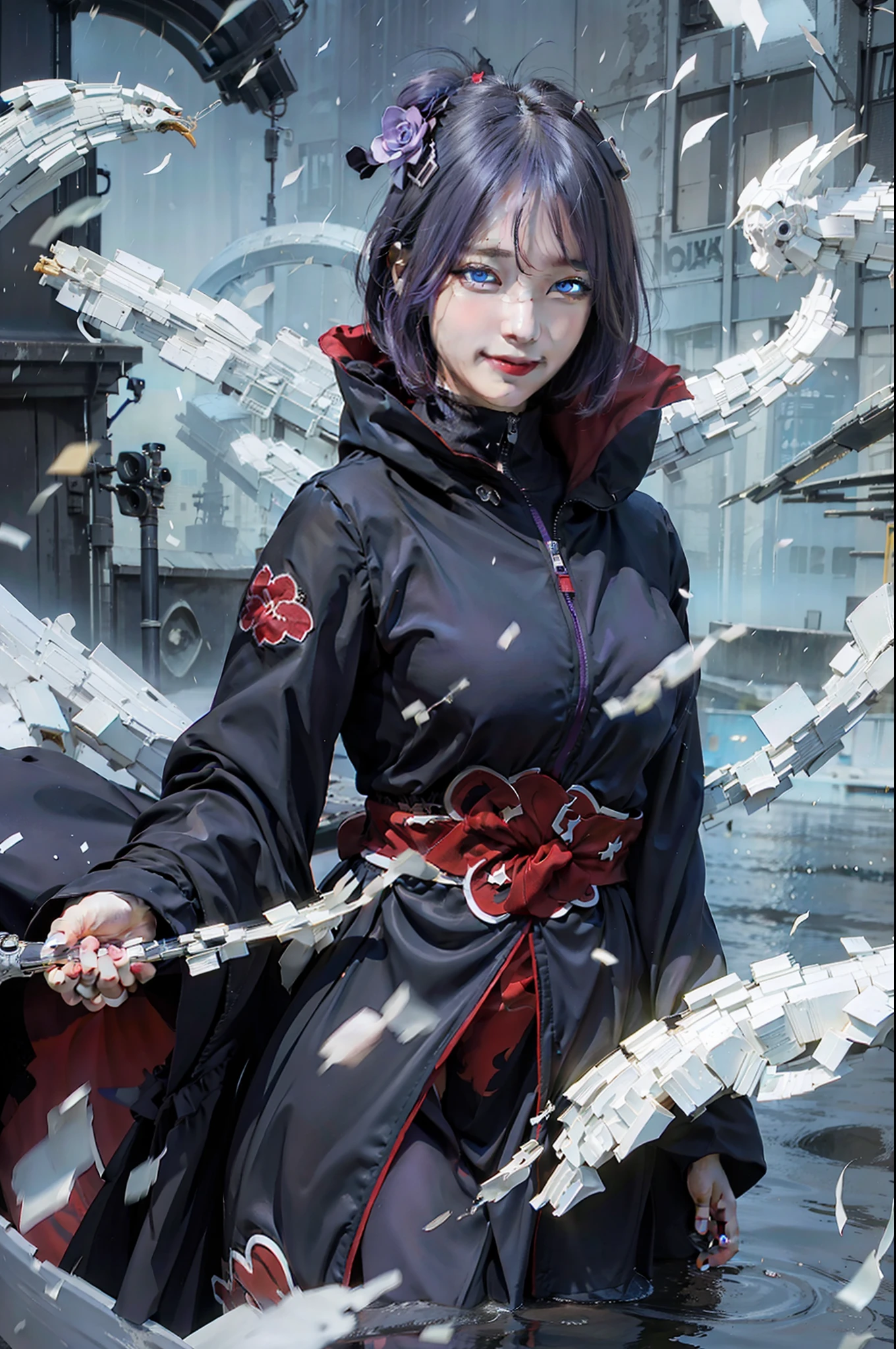 1fille, Konan Akatsuki, cheveux violets, Cheveux courts, yeux bleus, sourire, très gros seins, vêtements noirs et rouges, Réaliste, Ultra détaillé, fond extérieur