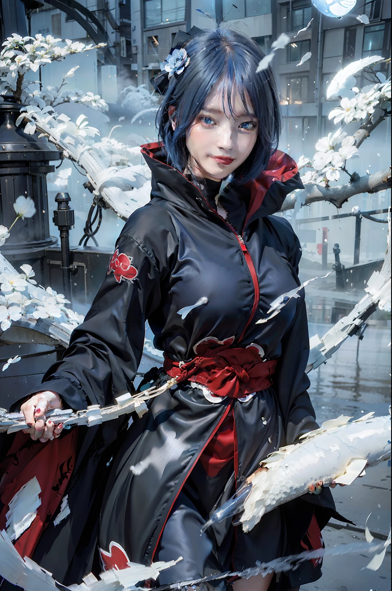 1fille, Konan Akatsuki, Cheveux bleus, Cheveux courts, yeux bleus, sourire, très gros seins, vêtements noirs et rouges, Réaliste, Ultra détaillé, fond extérieur