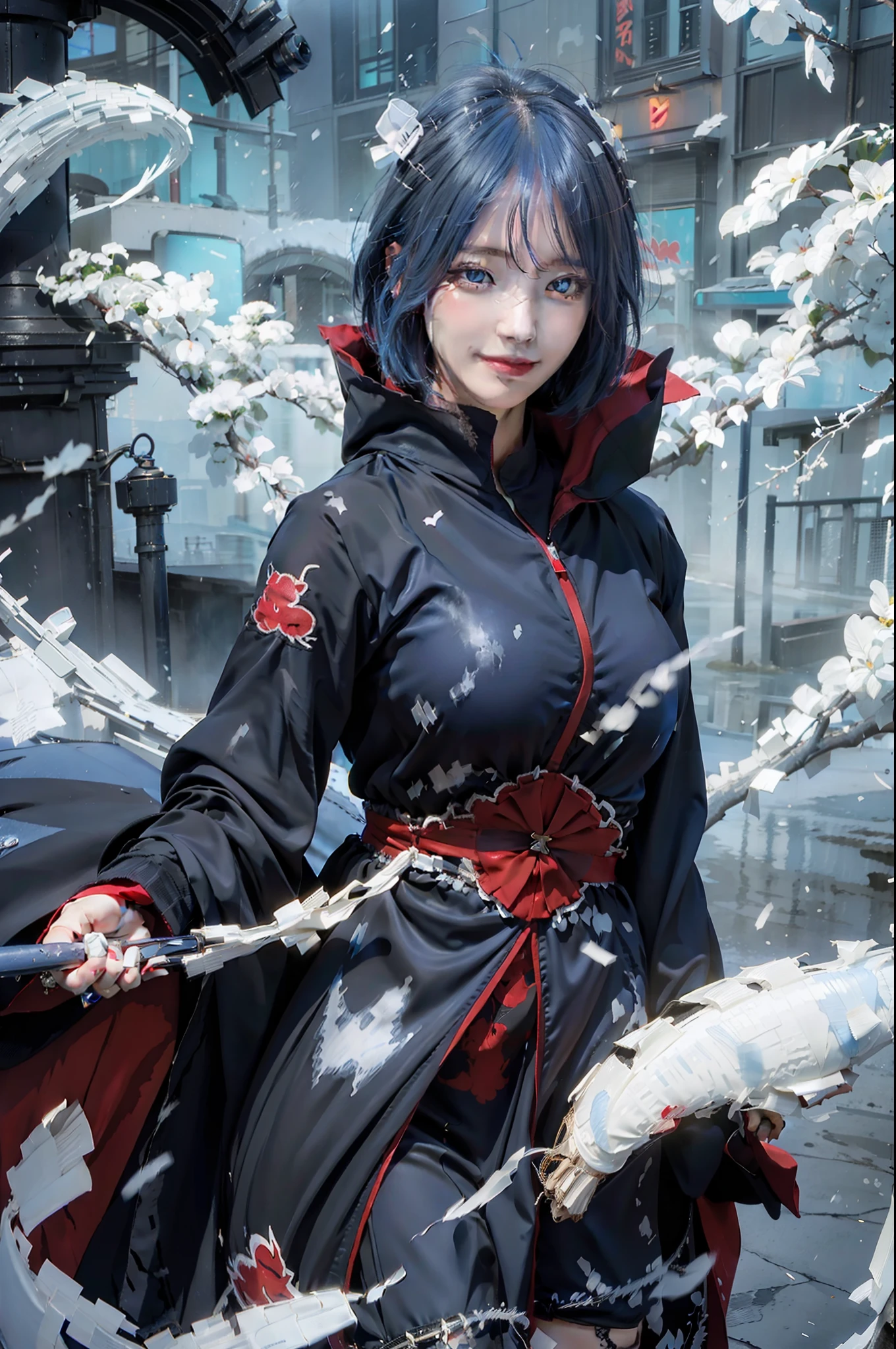 1 garota, Konan Akatsuki, cabelo azul, cabelo curto, olhos azuis, sorriso, seios muito grandes, Roupas pretas e vermelhas, realista, ultra detalhe, fundo ao ar livre