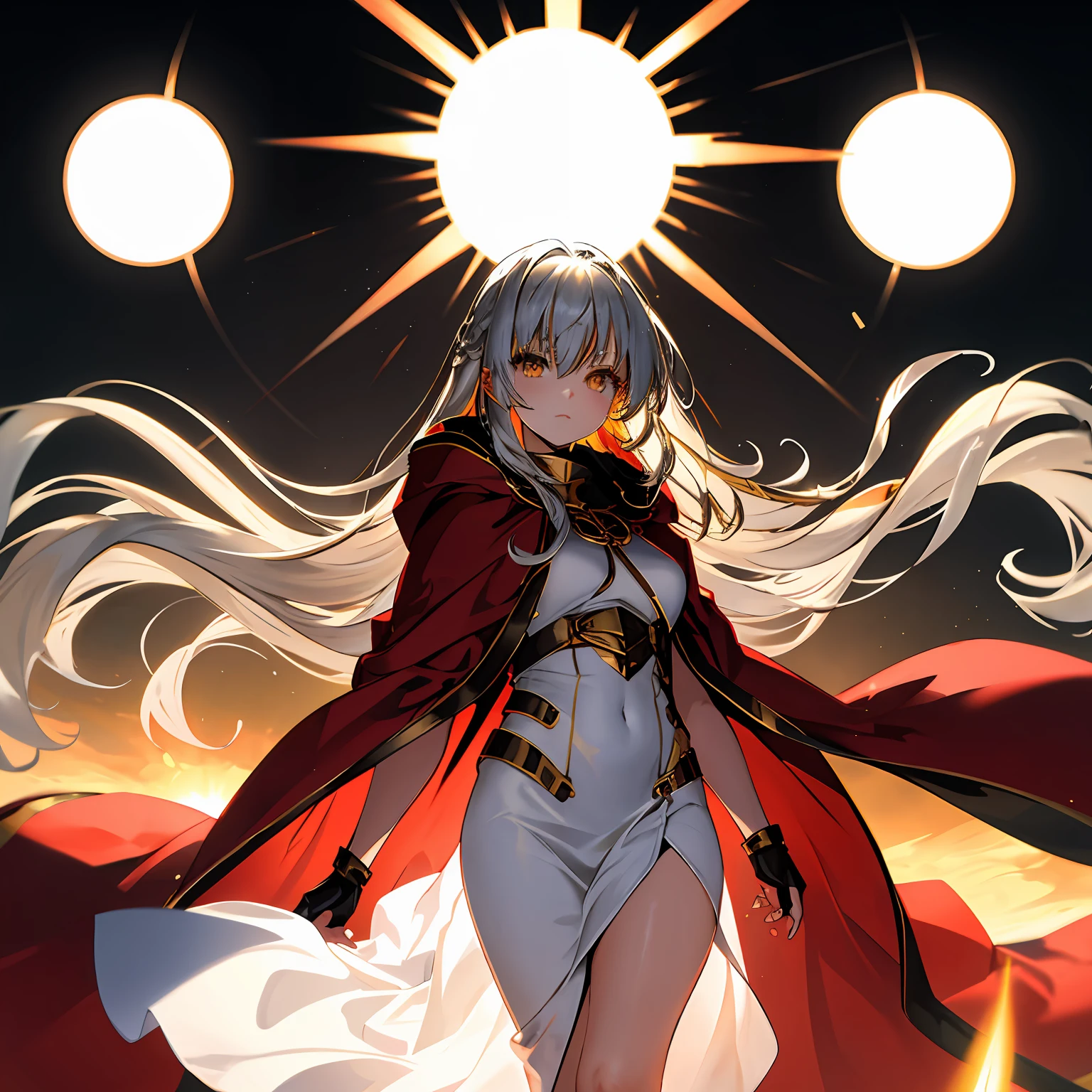 (sun:1.2),shine,shining,glow,gleam,highlight,girl,glowing hair,gold hair,silver hair,long hair,aura of light,red cloak,Metalheart